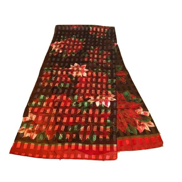 Vintage Womens Bill Blass Scarf Black Red Polyester Floral Christmas Poinsettia - Picture 1 of 3